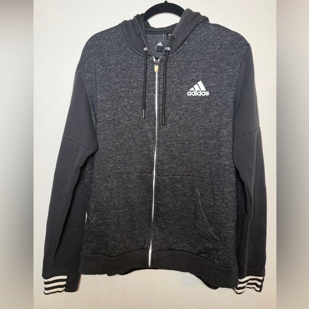 Adidas Men’s M Full Zip Hoodie Black Gray Heather Logo Athletic Striped Cuff